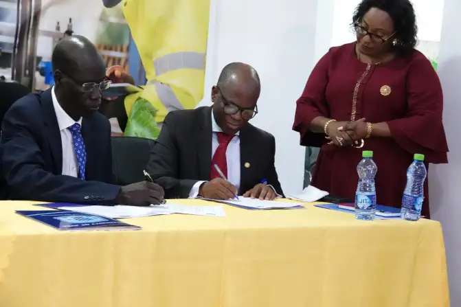 Prof John Akech and Mr. Titus Osundina during the official launch & handover of UniPod
